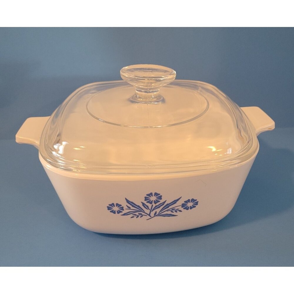 Vintage Corning Ware White Blue Cornflower 1 qt Square Casserole w Lid
